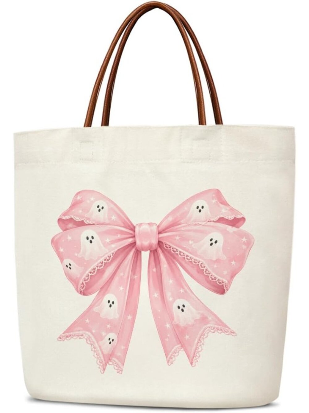〽️Women Cream Pink Bow Halloween Reusable Leather Handles Grocery Tote Gift Bag
